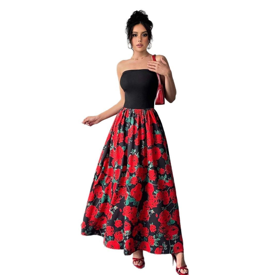 TRENDLER – Damen Kleid Elegant mit Rosenmuster | Bandeau Abendkleid Modern & Bequem