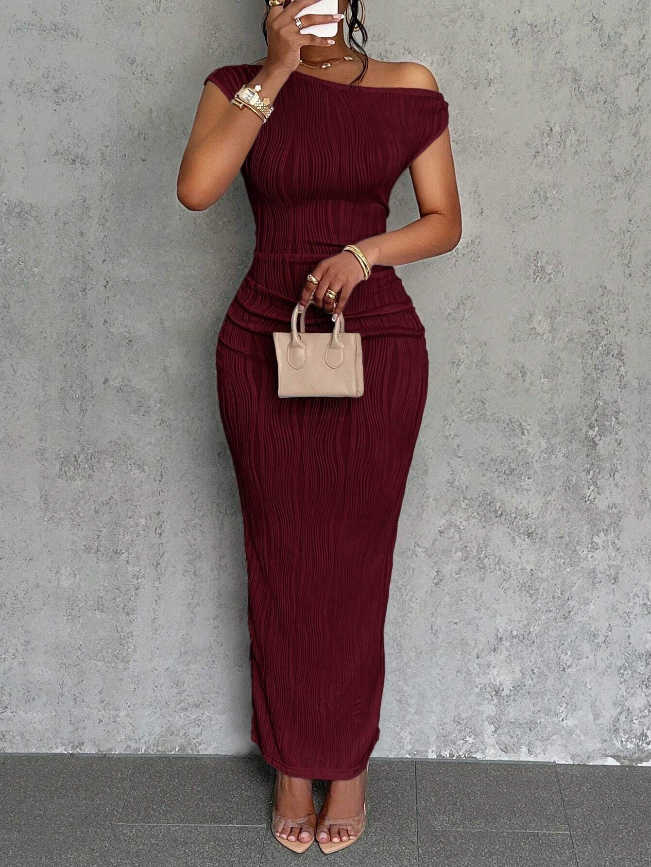 TRENDLER – Damen Kleid Schulterfrei Wasserwelle | Elegantes Abendkleid Modern & Bequem