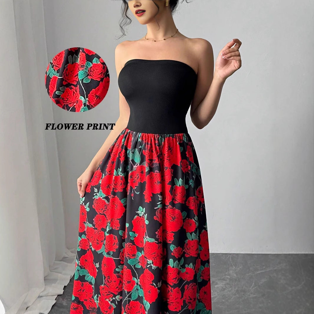 TRENDLER – Damen Kleid Elegant mit Rosenmuster | Bandeau Abendkleid Modern & Bequem