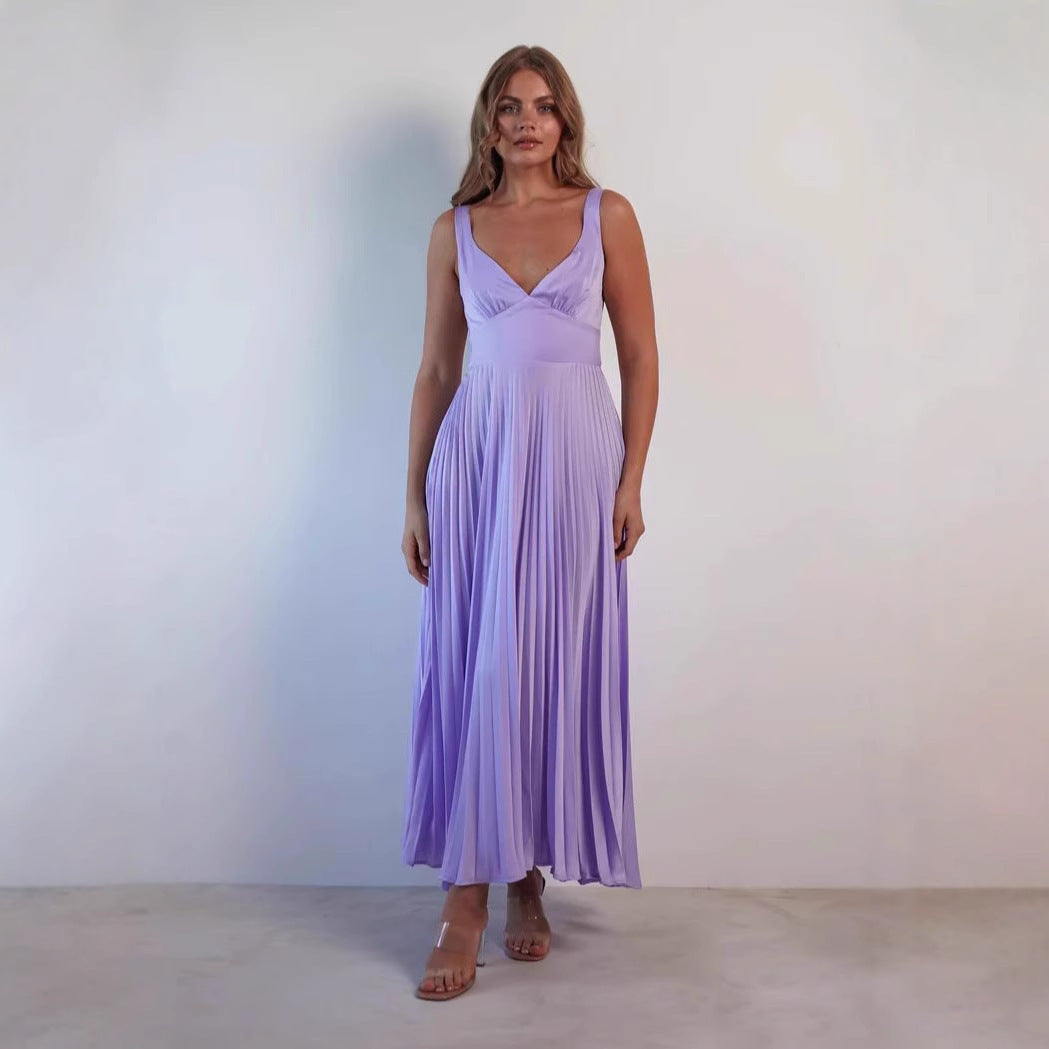 TRENDLER – Damen Kleid Plissiert mit V-Ausschnitt | Sommer Trägerkleid Elegant & Bequem
