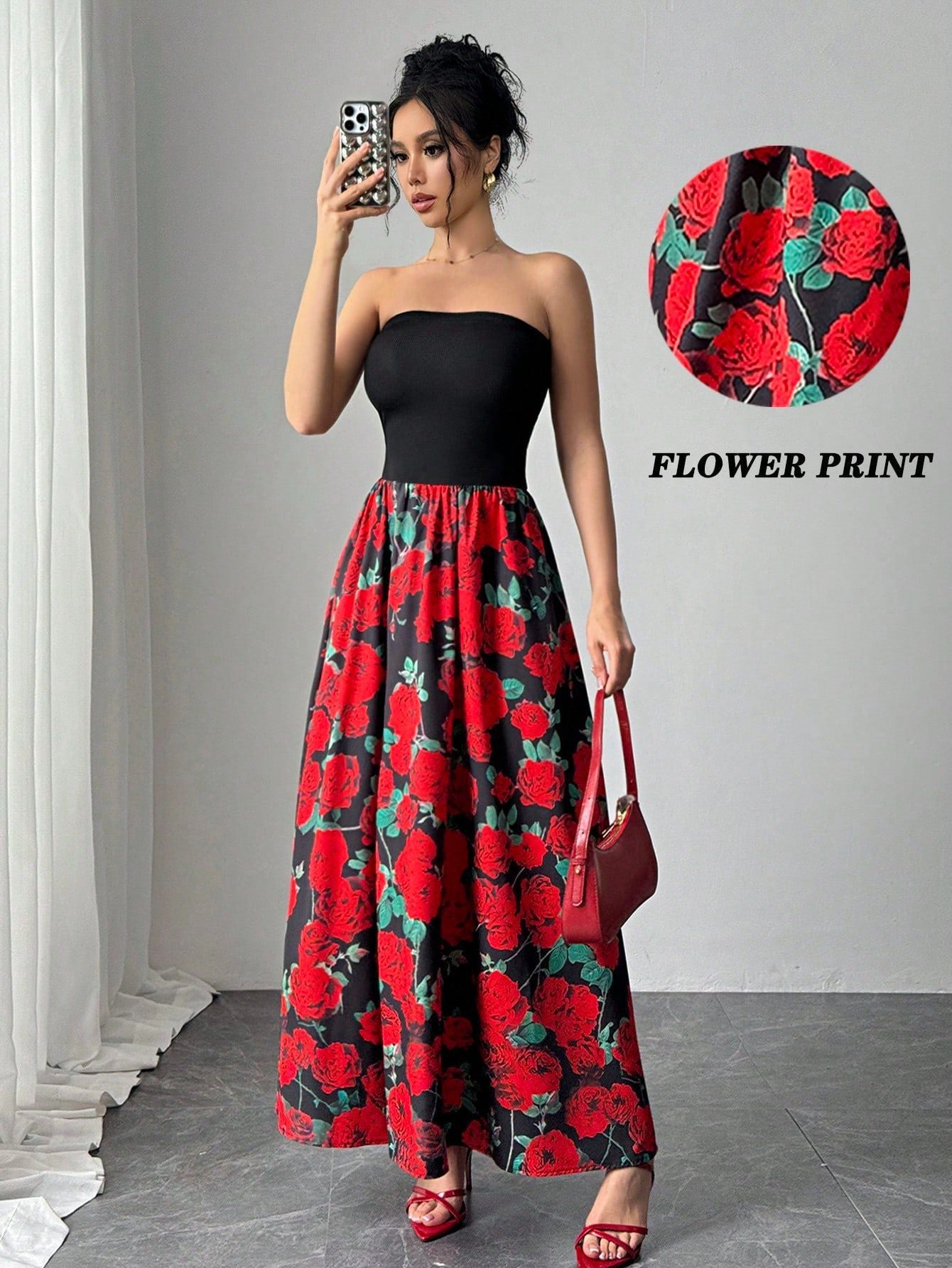 TRENDLER – Damen Kleid Elegant mit Rosenmuster | Bandeau Abendkleid Modern & Bequem