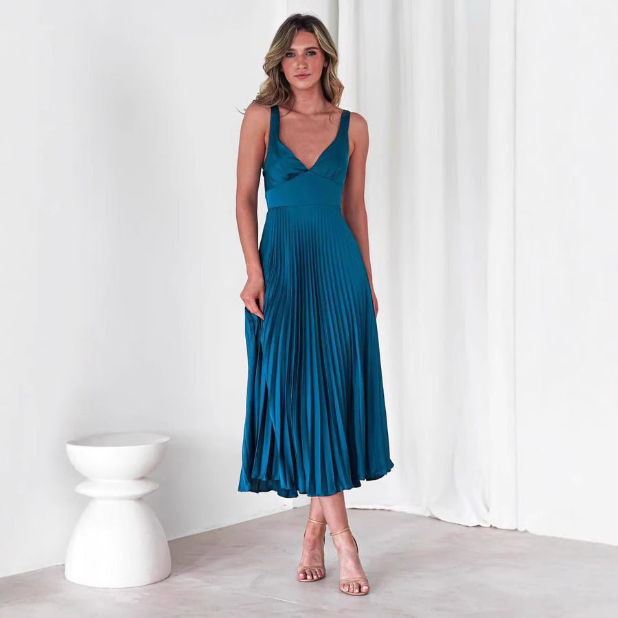 TRENDLER – Damen Kleid Plissiert mit V-Ausschnitt | Sommer Trägerkleid Elegant & Bequem