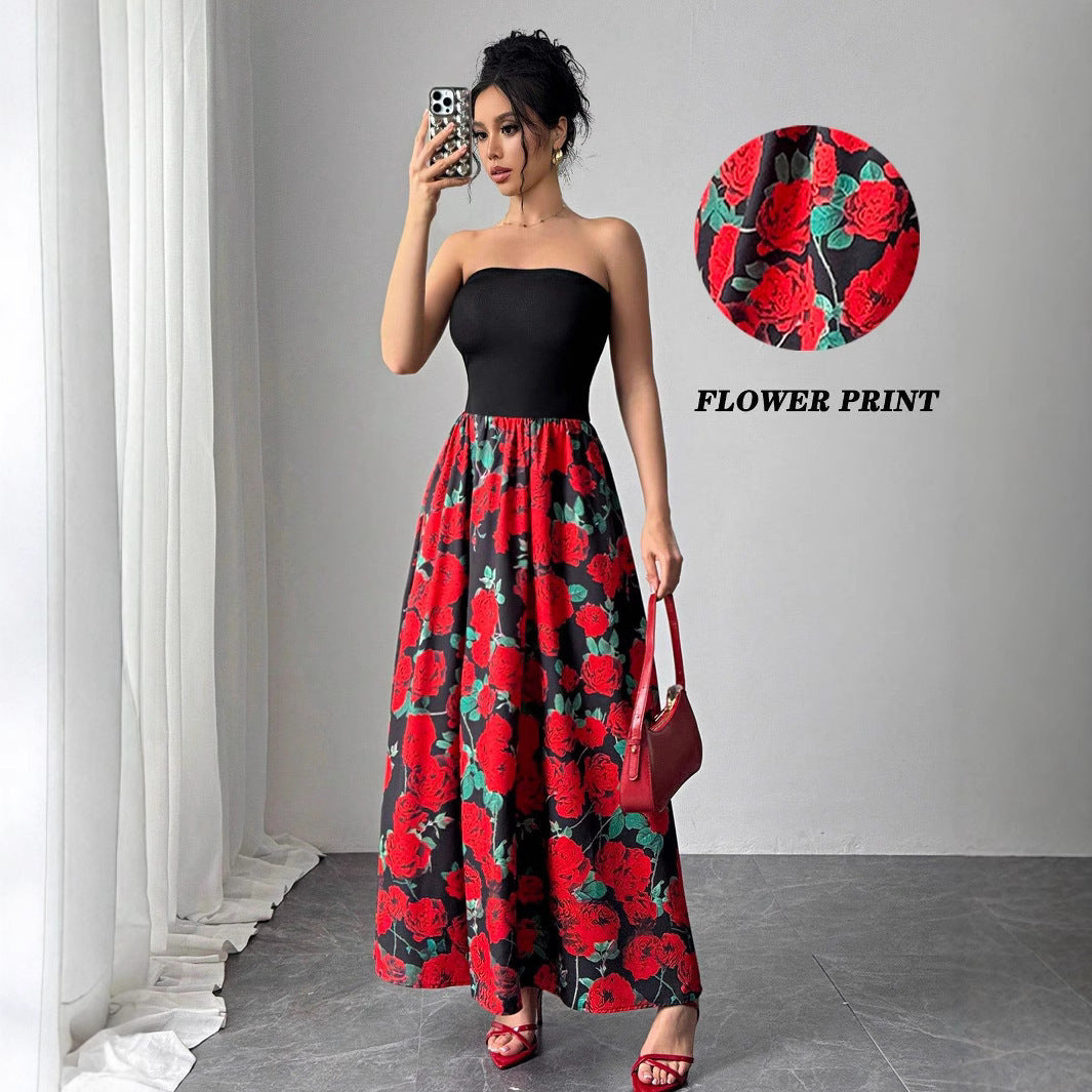 TRENDLER – Damen Kleid Elegant mit Rosenmuster | Bandeau Abendkleid Modern & Bequem