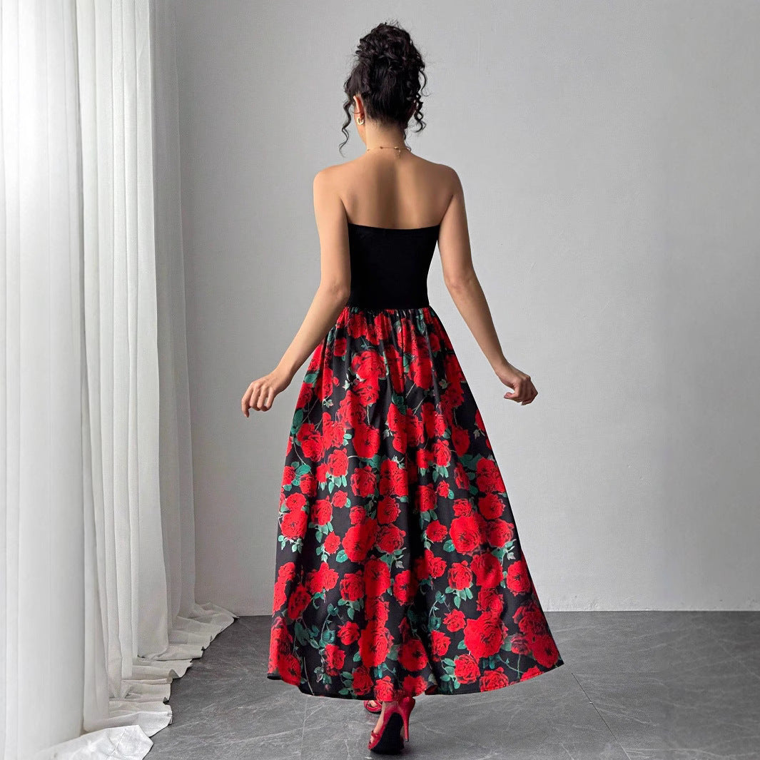 TRENDLER – Damen Kleid Elegant mit Rosenmuster | Bandeau Abendkleid Modern & Bequem