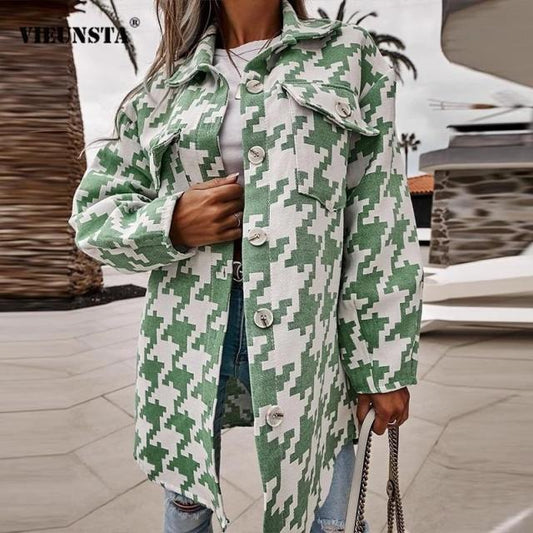 TRENDLER – Damen Übergangsjacke Kariert | Elegante Hahnentritt Jacke mit Lockerer Passform für Büro & Freizeit