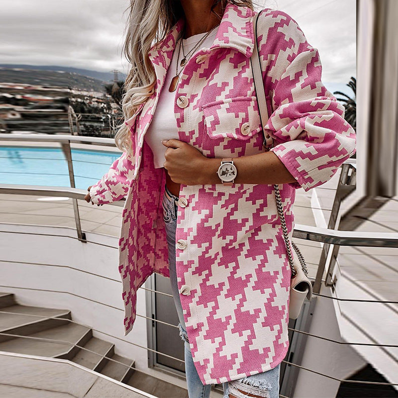 TRENDLER – Damen Übergangsjacke Kariert | Elegante Hahnentritt Jacke mit Lockerer Passform für Büro & Freizeit