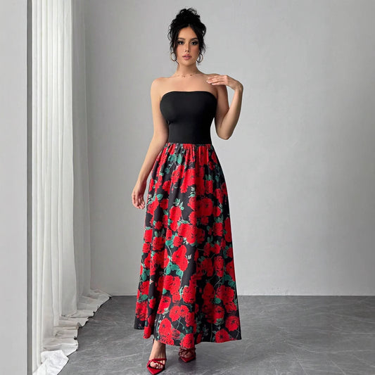 TRENDLER – Damen Kleid Elegant mit Rosenmuster | Bandeau Abendkleid Modern & Bequem