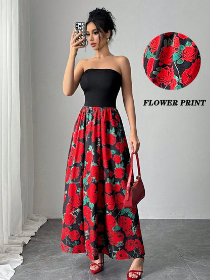 TRENDLER – Damen Kleid Elegant mit Rosenmuster | Bandeau Abendkleid Modern & Bequem