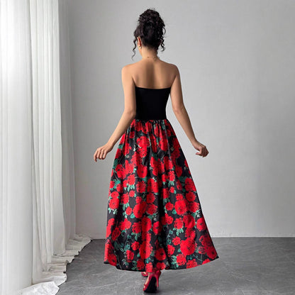 TRENDLER – Damen Kleid Elegant mit Rosenmuster | Bandeau Abendkleid Modern & Bequem
